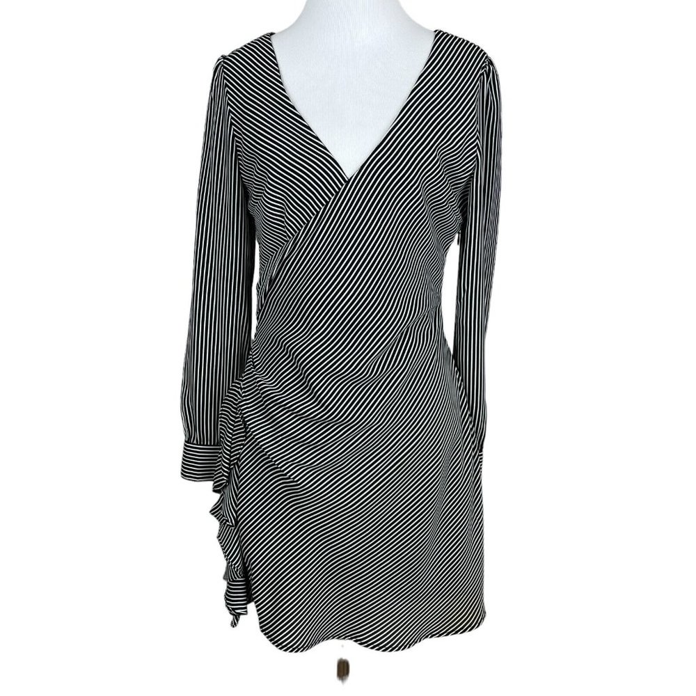 BB Dakota Dress Womens 4 Black White Striped Faux Wrap Mini‎ Long Sleeve Ruffle